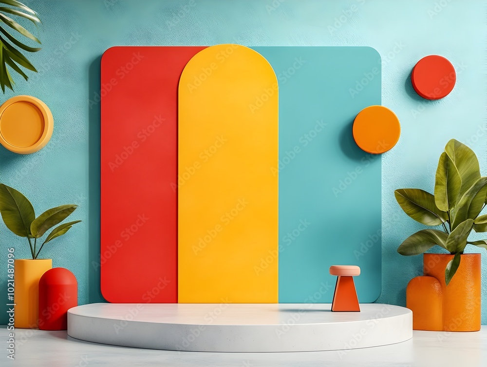 Poster elegant 3d studio setting with a clean colorful backdrop and a minimalist product presentation stand