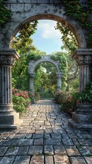 Ancient Stone Archway Garden Pathway Illustration