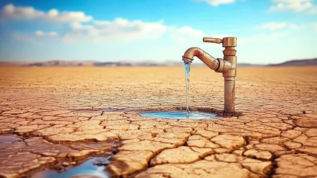 Water scarcity concept with tap dripping in cracked desert. Environmental crisis due to global warming.