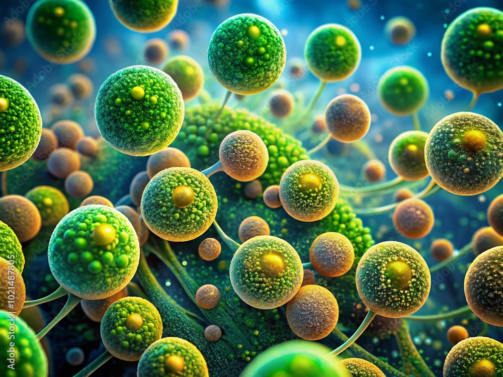 Poster microscopic view of cyanobacteria showing vibrant colors and unique cellular structures under micros