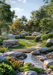 Serene Garden Pathway with Stones and Water