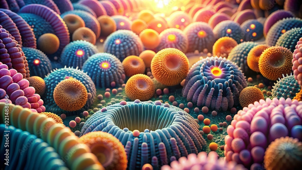 Poster microscopic view of intestinal villi and microvilli showcasing cellular structure and functionality