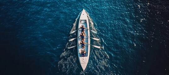 Team of Five Athletes Synchronously Rowing in a White Scull Boat on Blue Water, Aerial View