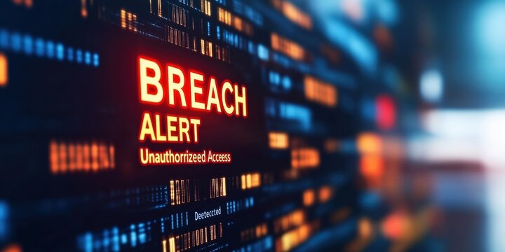 A data breach concept - the words "breach alert" on a screen. Internet security and data protection theme - Powered by Adobe