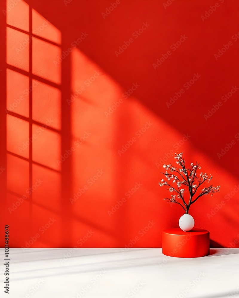 Poster Sleek and modern 3D studio environment with a bold crimson red background  An empty floor and wall provide a clean uncluttered stage for a solitary product display plinth