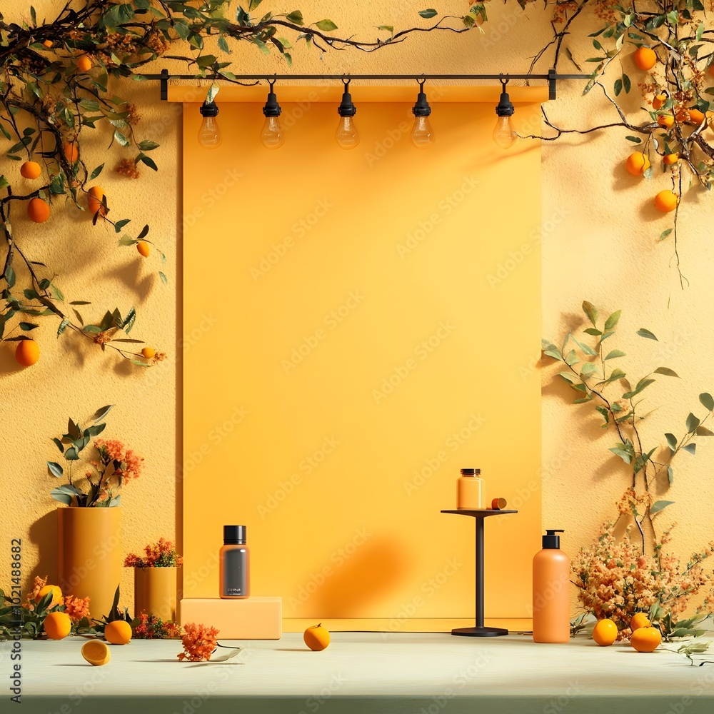 Poster serene 3d studio environment with a mustard colored backdrop bare concrete floor and walls and a pro