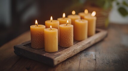 Warm Candles on Wooden Tray for Cozy Ambiance