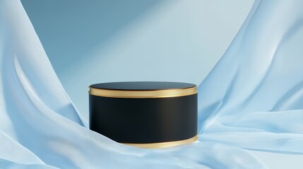 A luxurious matte black podium with gold accents, resting on deep sapphire blue cashmere fabric, with soft spotlighting creating a high-end, elegant display.