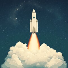 Obraz premium Rocket launching into the starry night sky, symbolizing innovation and exploration.