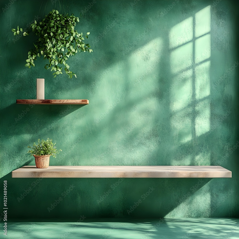 Poster elegant contemporary 3d studio environment with minimalist emerald green backdrop and concrete count