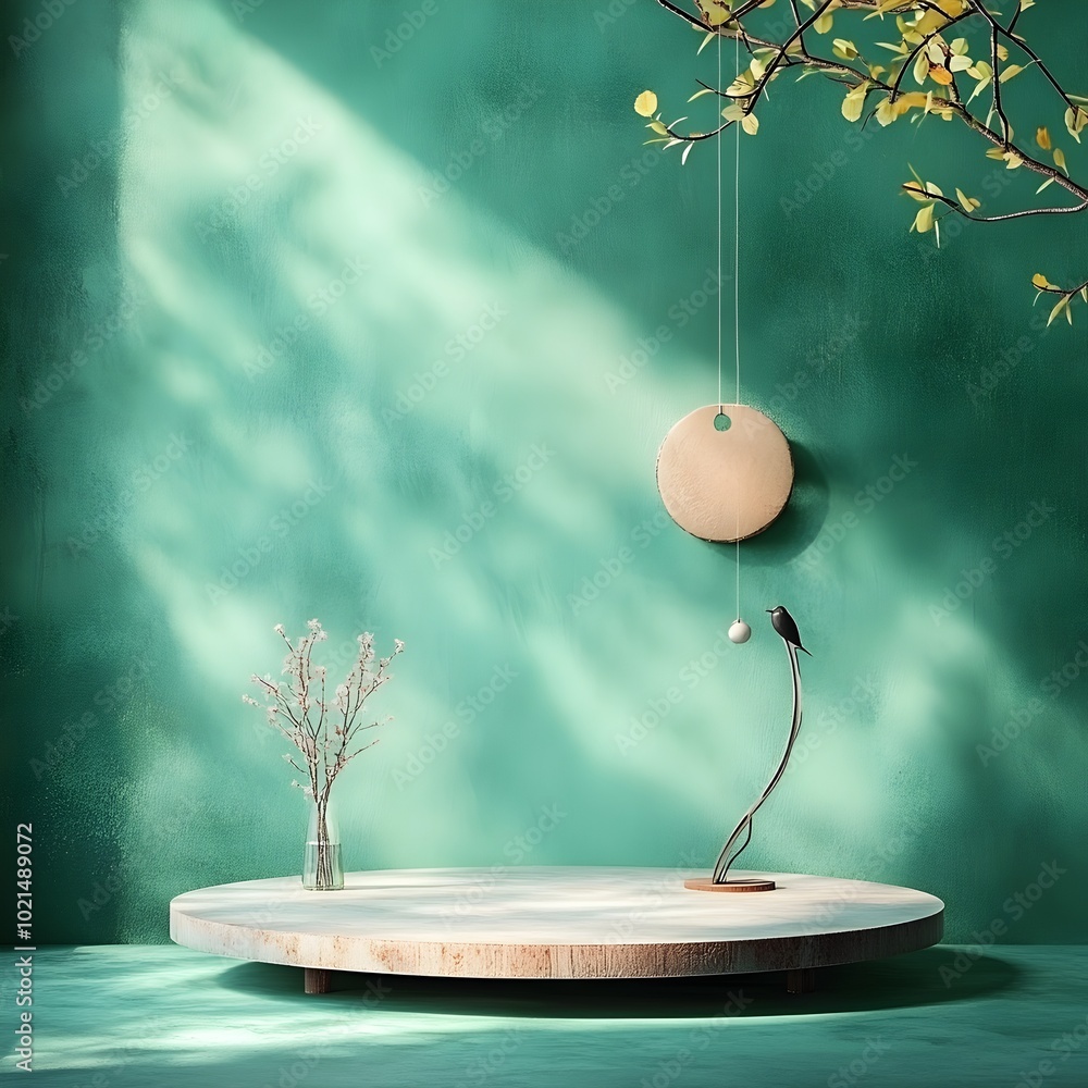 Poster sleek and modern 3d studio environment featuring an emerald green background bare concrete floor and
