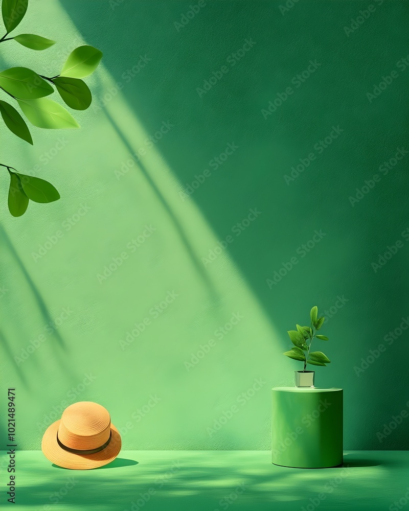 Poster minimal 3d studio space with forest green walls and blank floor featuring a podium for digital produ