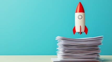 A creative depiction of a rocket launching from a stack of papers, symbolizing innovation and progress in the business world.