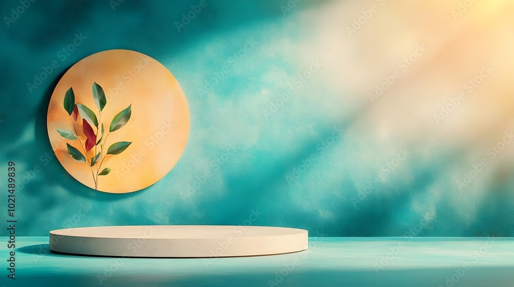 Poster minimalist 3d studio environment with a kaleidoscopic background vacant floor and wall featuring a p