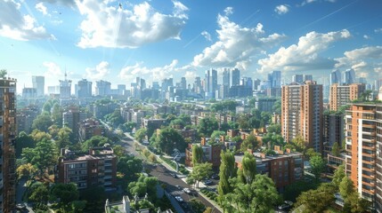 Naklejka premium Cityscape Illustration with Lush Greenery and Skyscrapers