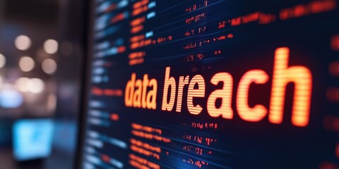 A data breach concept - the words "data breach" on a screen. Internet security and data protection theme