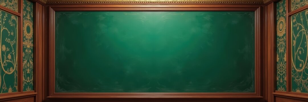 A classic green chalkboard framed with ornate wood detailing, perfect for educational settings, presentations, or retro themed designs.