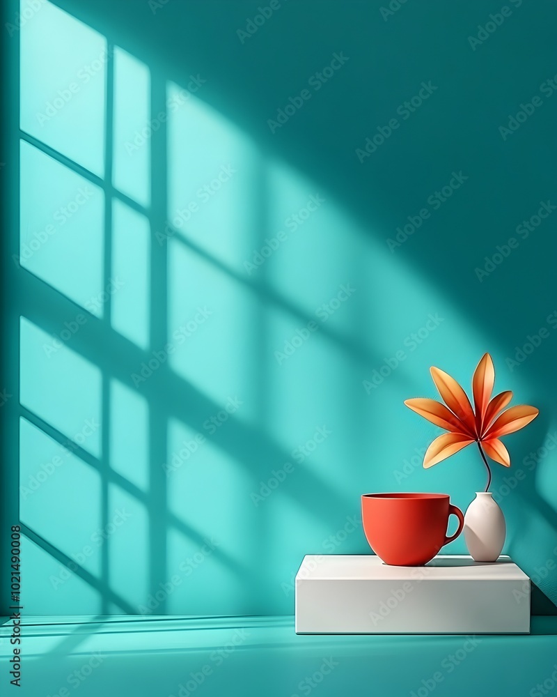 Poster serene 3d studio environment with a calming teal color scheme an uncluttered floor and wall setting 