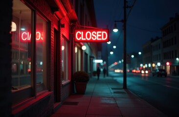 a bright red neon sign with the inscription CLOSED on the window of a store, restaurant or cafe, the inscription closed on a night city establishment
