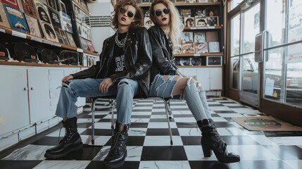 Retro fashion look inspired by 1970s rock and roll culture, with leather jackets, ripped jeans, and boots, posed in an old vinyl record store.