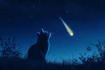 Cat Gazing at a Shooting Star in a Night Sky – Whimsical Digital Illustration