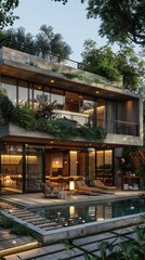 Fototapeta premium Modern House with Lush Garden and Pool