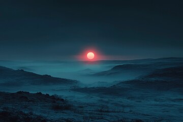 Fototapeta premium A Large Red Sun Setting Behind Foggy Hills