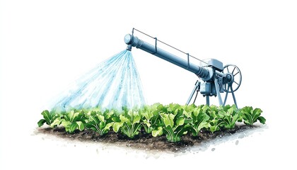 Fototapeta premium Irrigation system watering fresh vegetables in a vibrant green field, white isolated background.