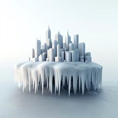 Futuristic cityscape encased in ice, showcasing sleek skyscrapers with a surreal frozen effect against a white background.