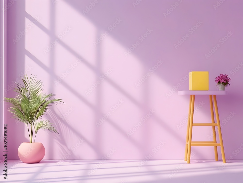 Poster bright and minimalist 3d interior studio setting with empty purple walls and floor a central display