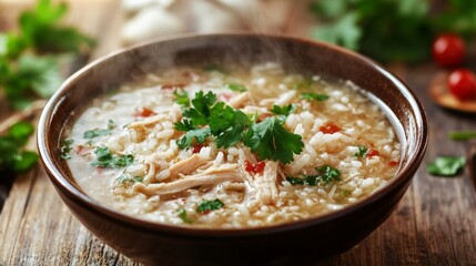 Warm Chicken Rice Soup in Rustic Bowl