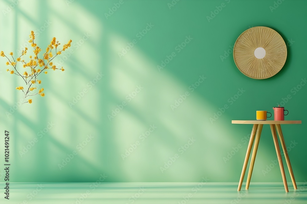 Poster elegant 3d interior studio space featuring an olive green accent wall a clean and empty floor a tabl
