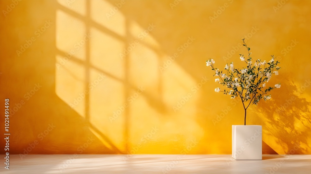 Poster minimalist studio interior with muted ochre yellow backdrop empty floor and wall product display pli