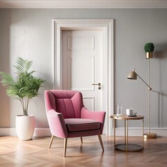  minimalist interior design of modern living room with pink  stylish armchair against door.