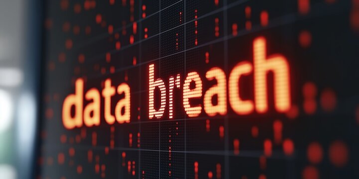 A data breach concept - the words "data breach" on a screen. Internet security and data protection theme