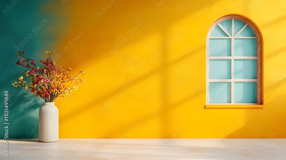 Poster minimalist empty studio interior with muted ochre yellow backdrop empty floor and wall with product 