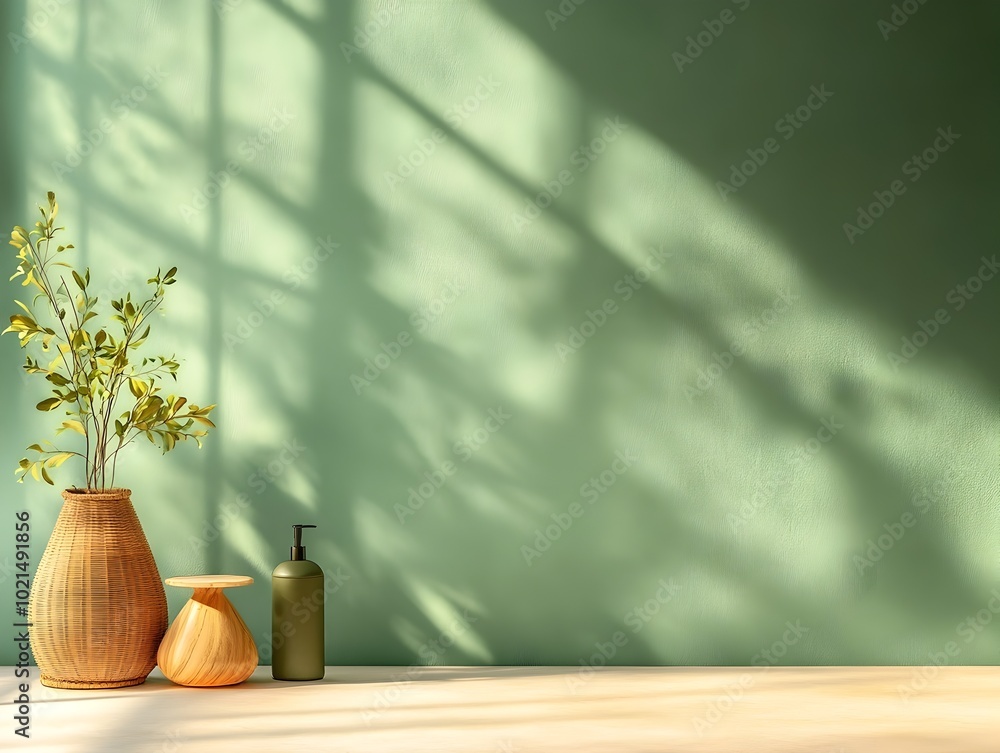 Poster serene 3d studio setting with olive green backdrop clean and sparse interior empty floor and wall pr