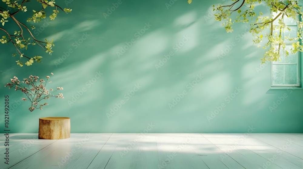 Poster minimalist and modern 3d studio space with a sage green backdrop a product display plinth on the flo