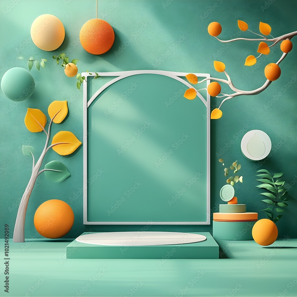 Poster minimal 3d studio interior setting with a forest green backdrop clean floor and wall design and a ce