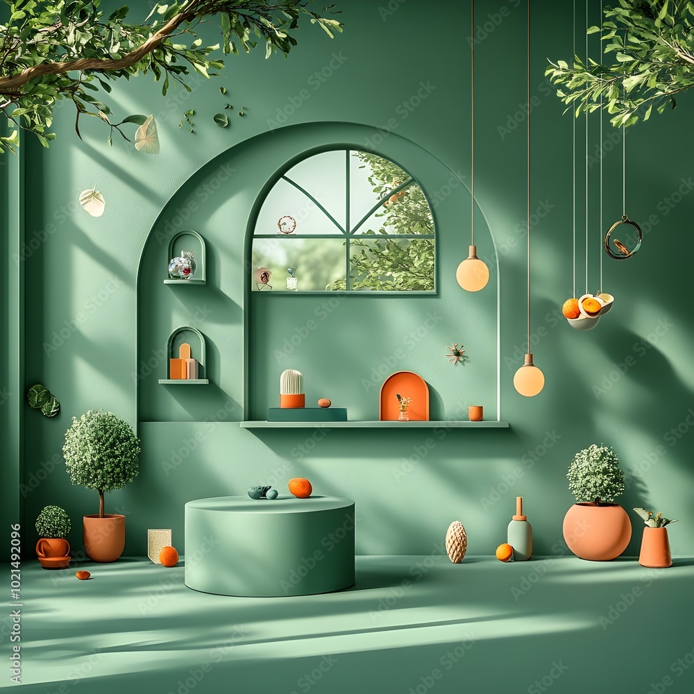 Poster minimalist 3d studio interior setting with forest green backdrop clean floor and wall design product