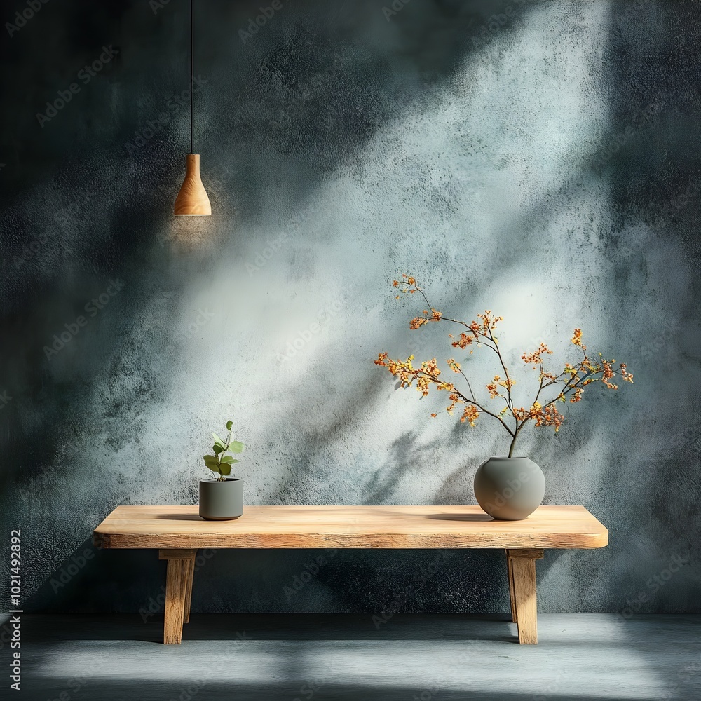 Poster minimalist 3d studio environment with slate grey backdrop and vacant wooden stage gentle shadow play