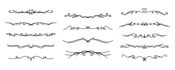 Obraz premium Line separators set. Fancy dividers. Flourishes elegant decorative dividers, hand drawn line ornaments. Vintage vector border lines. Doodle linear separators set. For books, invitations, certificates.