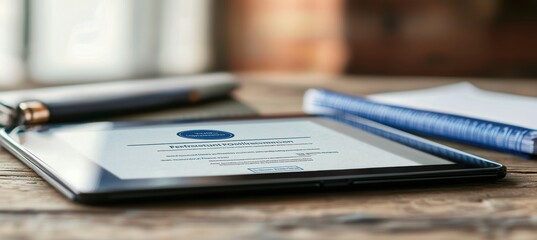 Digital Certificate Displayed on Tablet with Pen and Notebook for Professional Development