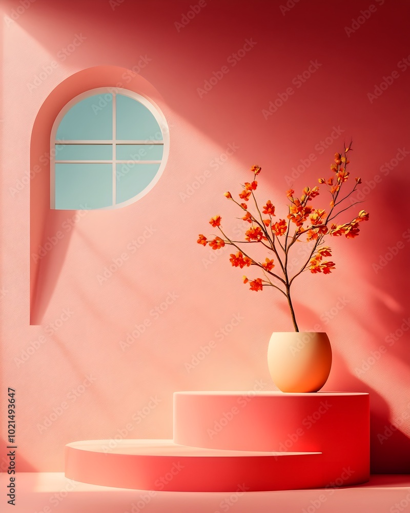 Poster minimalist 3d product photography studio setup with mauve colored backdrop empty geometric floor and
