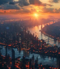 Naklejka premium Sunrise over a Futuristic Cityscape