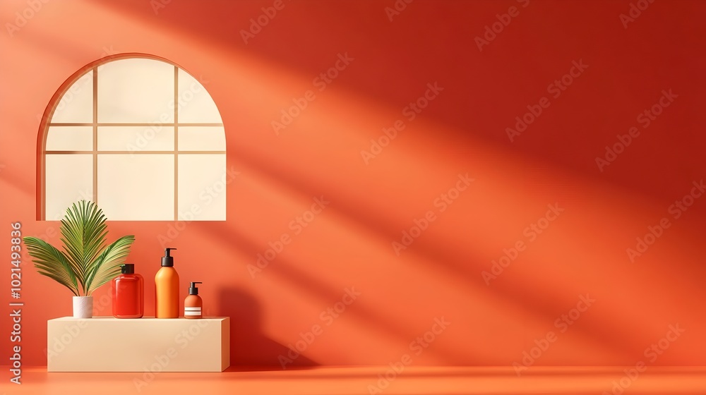 Poster warm and inviting 3d studio space with a deep crimson red background featuring an empty floor and wa