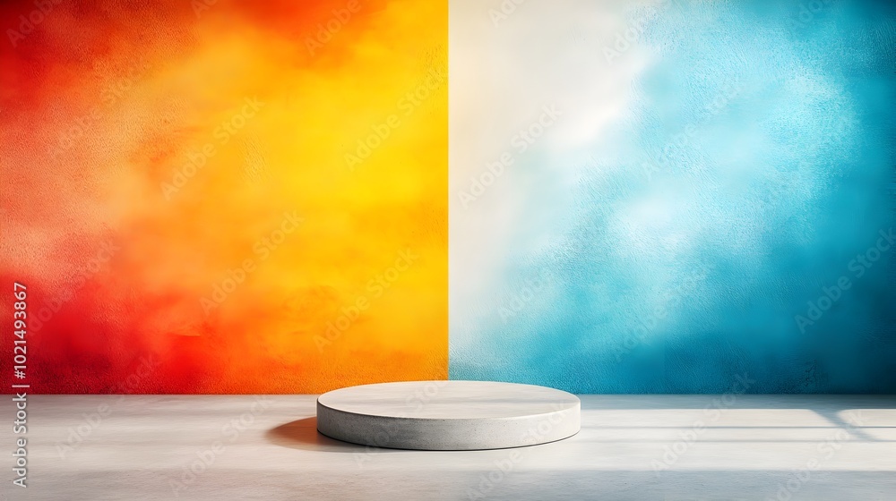 Poster vibrant 3d studio room with a colorful abstract background empty floor and wall a central product po