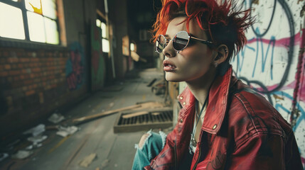 Obraz premium Vintage-inspired punk fashion shoot blending 1980s rebellious style with contemporary streetwear elements, shot in an abandoned urban warehouse.