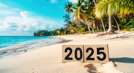 2025, written with black marker on wooden blocks, lying in the sand of an exotic beach.