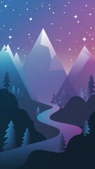 Mountain river night sky. Abstract mountain landscape with a winding river under a starry sky, perfect for nature and tranquility themes.